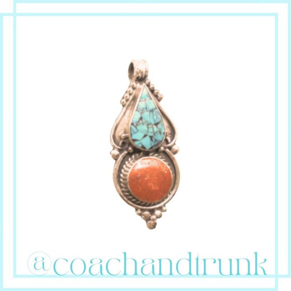 Artisan Jewelry - Turquoise Coral Inlay Artisan Ornate Metal Work Handcrafted Silver Pendant Only